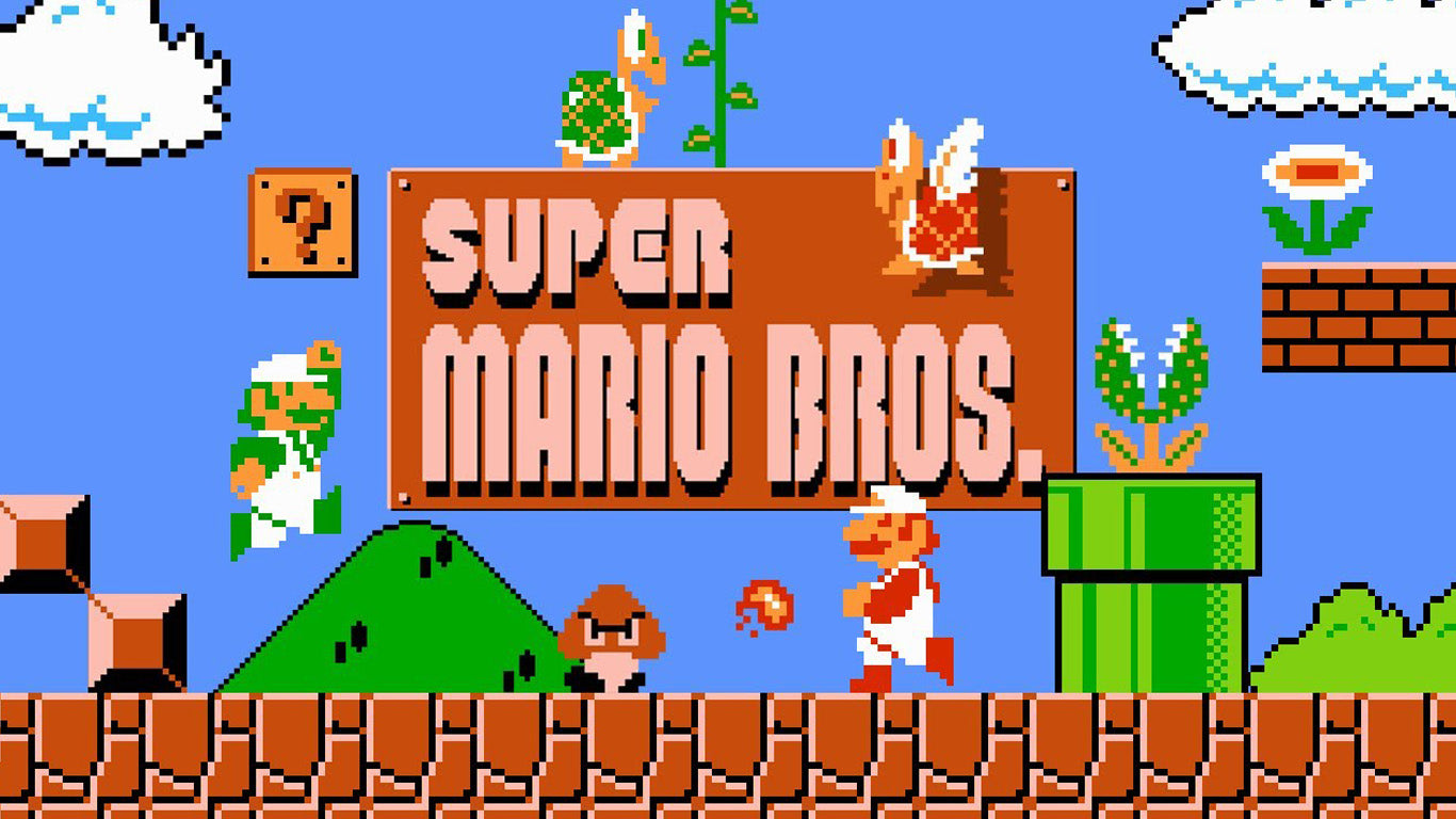 Super Mario Bros banner with Mario, Luigi and villains