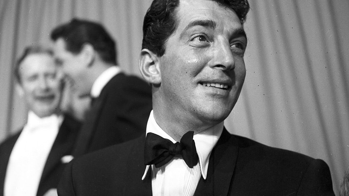 Dean Martin wearing a tuxedo bowtie black and white photo